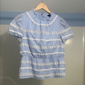 J. Crew Light Blue Blouse with White Lace Accents